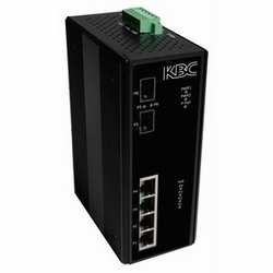 Industrial Ethernet switch, Layer 2 unmanaged, 4 electrical 10/100/1000Mbps LAN ports, IEEE802.3at PoE+, 2 gigabit SFP ports. Requires power supply sold separately. DIN rail mount.