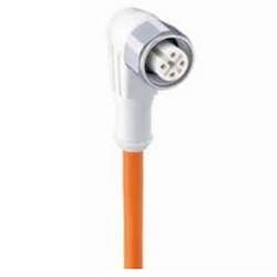M12-round-plug connector, 90 3-pole single-ended female cordset, 5 meters, orange TPE jacket, according to IEC 61076-2-101