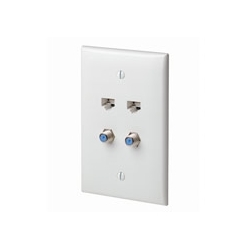 Wall Plate, 2 Data Ports (Cat5E, T568A Wiring), 2 F Connectors Midway, Light Almond
