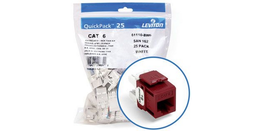 UTP Jack, Cat 6, 1 Port, 110 Termination, T568A/B, Red, 25/Bag
