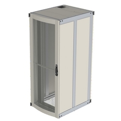 Delta3 Switch Cabinet, 800mm Wide x 875mm Depth 52U with Side Panels, Perforated Single Front Door, Offset Post Configuration, Dual Perforated Rear Doors, Light Grey with Jacking Feet and Castors. Installed width 808mm