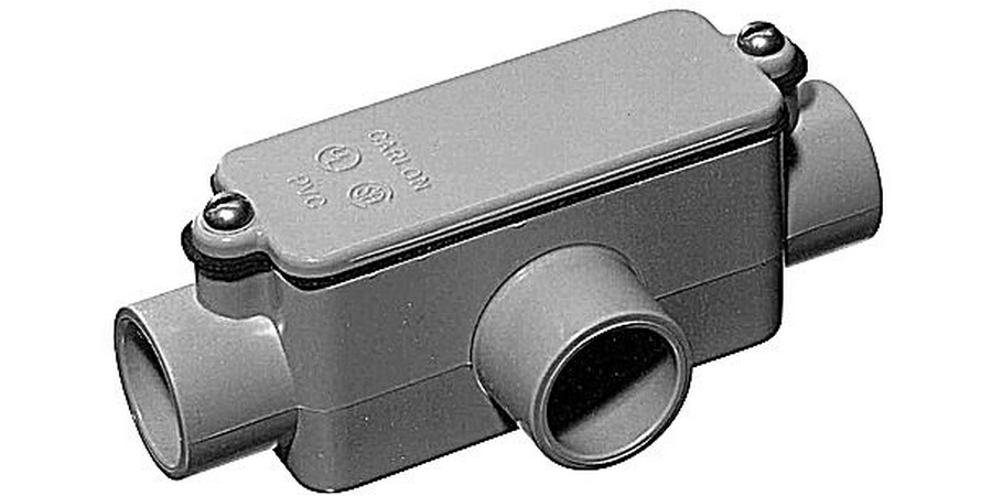 Conduit Body, 3 Hub, T, PVC, Trade Size 1-1/4 in. Color Gray