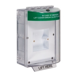 Universal Stopper, Dome Cover, European Enclosed Back Box, 20mm Entry Point & Sealed Mounting Plate, Label Hood without Sounder, Green Emergency Exit Label