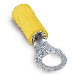 Vinyl-Insulated Ring Terminal, Length 1.06in, Width 0.31in, Max Insulation 0.210, Bolt Hole #10, Wire Range #12-#10 AWG, Yellow, Copper, Tin Plated, Mini-Pack