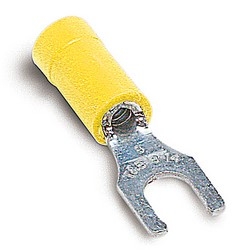 Vinyl Insulated Locking Fork Terminal, Length 1.09in, Width 0.37in, Max Insulation 0.220, Bolt Hole #10, Wire Range #12-#10 AWG, Yellow, Copper, Tin Plated, On Mylar Tape, 500 Pack