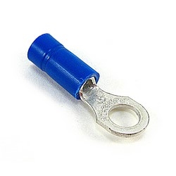 Vinyl-Insulated Ring Terminal, Length 0.97in, Width 0.31in, Max Insulation 0.170, Bolt Hole #10, Wire Range #18-#14 AWG, Blue, Copper, Tin Plated, Mini-Pack
