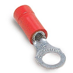 Vinyl-Insulated Ring Terminal, Length 1.24in, Width 0.25in, Max Insulation 0.150, Bolt Hole 3/8in, Wire Range #22-#18 AWG, Red, Copper, Tin Plated, 1,000 Pack