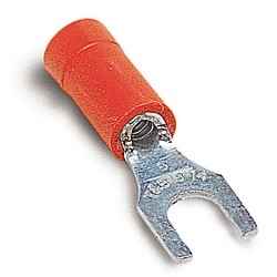 Vinyl Insulated Fork Terminal, Length 0.94in, Width 0.25in, Max Insulation 0.150, Bolt Hole #6, Wire Range #22-#16 AWG, Red, Copper, Tin Plated, On Mylar Tape