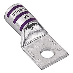 Copper One-Hole Lug, Standard Barrel, Peep Hole, Max 35kV, Wire Size 4/0 AWG, 3/8 in Bolt Size, 3/8 in Hole Spacing, Nickel Plated, Die Code 54, Purple 54