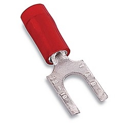 Nylon Insulated Fork Terminal with Flanged Tongue, Length 0.93in, Width 0.38in, Max Insulation 0.136, Bolt Hole #10, Wire Range #22-#16 AWG, Red, Copper, Tin Plated