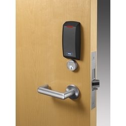 Mortise Lock with Multi-Class Reader; Key Override Fail Secure Black (Gray); L Lever Satin Chrome Right Hand LA Keyway 6-pin 24 V DC