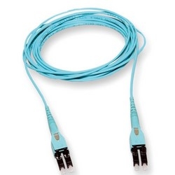 Patch Cord, LSZH/FRNC, OM4, 2-Fiber, Multimode, Duplex, LC Uniboot Connector, Interconnect Tight Buffered Cable, 2 MM Outer Diameter, 16 Meter Length, Turquoise Jacket