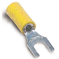 Vinyl-insulated Fork Terminal, Length 1.09 Inches, Width .31 Inches, Maximum Insulation .210, Bolt Hole #6, Wire Range #12-#10 AWG, Color Yellow, Copper, Tin Plated