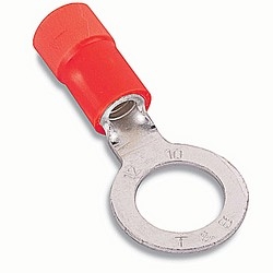 Expanded Vinyl-insulated Ring Terminal, Length 1.13 Inches, Width .50 Inches, Maximum Insulation .170, Bolt Hole 1/4 Inch, Wire Range #22-#16 AWG, Color Red, Copper, Tin Plated