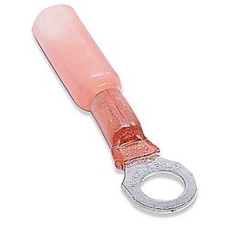 Heat Shrinkable Ring Terminal, Length 1.26in, Width .31in, Max Insulation .170, Bolt Hole #8, Wire Range #22-#18 AWG, Color Red, Copper, Tin Plated
