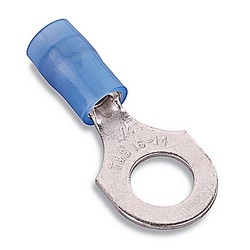Nylon Insulated Ring Terminal, Length 0.72in, Width 0.26in, Max Insulation 0.162, Bolt Hole #4, Wire Range #18-#14 AWG, Blue, Copper, Tin Plated, 1,000 Pack