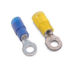 Nylon Insulated Expanded Entry Ring Terminal, Length 1.00in, Width 0.37in, Max Insulation 0.210, Bolt Hole #8, Wire Range #12-#10 AWG, Yellow, Copper, Tin Plated, 500 Pack