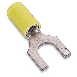 Nylon Insulated Fork Terminal, Length 1.00in, Width 0.37in, Max Insulation 0.210, Bolt Hole #8, Wire Range #12-#10 AWG, Yellow, Copper, Tin Plated, 500 Pack