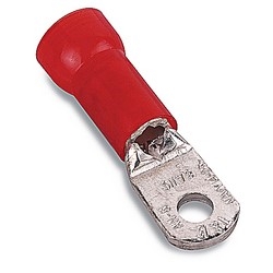 Nylon Insulated Large Ring Terminal, Length 2.15in, Width 0.69in, Max Insulation 0.588, Bolt Hole 1/4in, Wire Range 2, Red, Copper, Tin Plated