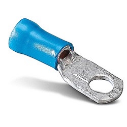 Vinyl Insulated Large Ring Terminal, Length 1.76in, Width 0.61in, Max Insulation 0.420, Bolt Hole 5/16in, Wire Range 6, Blue, Copper, Tin Plated, 200 Pack