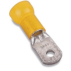 Nylon Insulated Large Ring Terminal, Length 1.80in, Width 0.82in, Max Insulation 0.380, Bolt Hole 3/8in, Wire Range 4AN, Yellow, Copper, Tin Plated