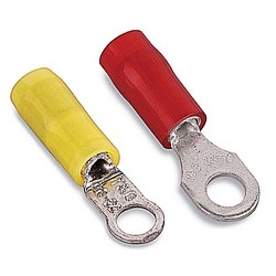 Nylon Insulated Ring Terminal, Length 0.84in, Width 0.25in, Max Insulation 0.125, Bolt Hole #8, Wire Range #26-#24 AWG, Yellow, Copper, Tin Plated