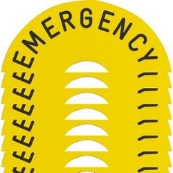 Schneider Electric Harmony XB4, Legend, plastic, yellow, Dia.90, for emergency stop, marked EMERGENCY STOP with logo ISO13851