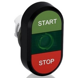 Illuminated Pushbutton, Flush Actuator, START/STOP Text, Green Indicator, Red Lower Button, Green Upper Button