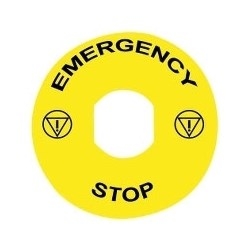 Schneider Electric Harmony XB4, Legend, plastic, yellow, Dia.90, for emergency stop, marked EMERGENCY STOP with logo ISO13851