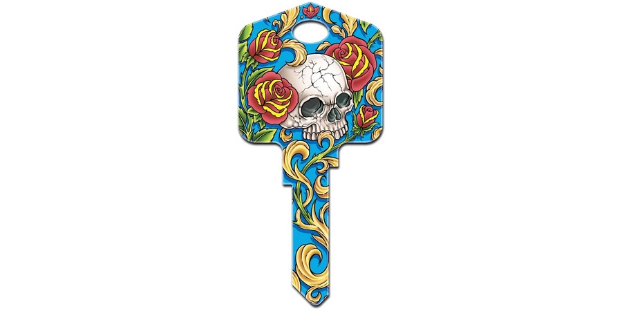 Decorative Key Blank, Kwikset, Large Headed, Painted, Skull and Roses ...
