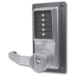Mechanical Pushbutton Lock, Heavy Duty, Right Hand, LFIC Schlage, Combination Entry/Key Override, Satin Chrome, With Lever