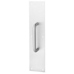 Door Pull Plate, Straight, 3/4" Pull Diameter, 3-1/2" Width x 15" Height Plate, 5-1/2" Center to Center, 70 Plate, Satin Brass, Chrome Plated