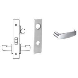 Mortise Door Lock, Right Hand, 2" Width x 8" Height Wrought Escutcheon, L-Lever, 2-3/4" Backset, Satin Chrome, With Trim, For Classroom