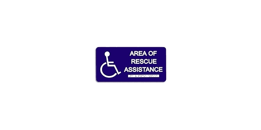 Area of Rescue Assistance Sign, White/Blue, Length 1.75 in.