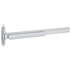 Door Exit Device, Grooved, Surface Mount Vertical Rod, Cylinder Dogging, Exit Only, Dull Chromium, For 3’ x 7’ Door