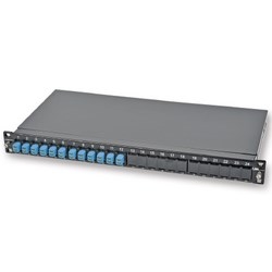 LANS 19" Patch Panel, 1U, LC Duplex Shuttered Blue Adapters, 24-fibers Single-mode OS2, Includes Pigtails and Splice Trays, Black