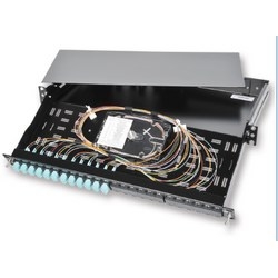 LANS 19&quot; Patch Panel, 1U, LC Duplex Shuttered Aqua Adapters, 24-fibers Multimode OM4, Includes Pigtails and Splice Trays, Black