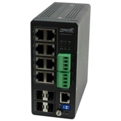 8-port 10/100/1000BASE-TX remotely-managed switch with PoE+ and four Gigabit Ethernet SFP ports, -40C to +70C operating temp.