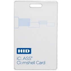 iCLASS Clamshell Card, 2k Bits (256 Bytes) w/ 2 App Areas, Prog w/ SIO & Std iCLASS Access Control Application, Front: White Vinyl w/ Matte Finish, Back: Base w/ Molded HID Logo, Seq Match Encoded/Print, Vertical Slot Punch
