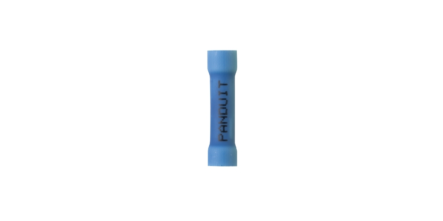 SPLICE, BUTT, #16-#14 CU, 600V, FUNNEL ENTRY BARREL, BLUE NYLON INS, 1.04
