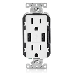 15 Amp / 125 Volt. Combination Duplex Receptacle And USB Charger, Decora Tamper-resistant Receptacle, NEMA 5-15R. 3.6 Amps, 5VDC. 2.0 Type A USB Chargers, Grounding And Side Wired And Back Wired - White