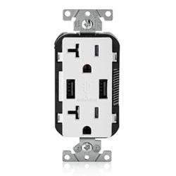20 Amp/125 Volt. Combination Duplex Receptacle And USB Charger. Decora Tamper-resistant Receptacle. NEMA 5-20R. 3.6 Amps. 5VDC. 2.0 Type A USB Chargers. Grounding. Side Wired And Back Wired - White