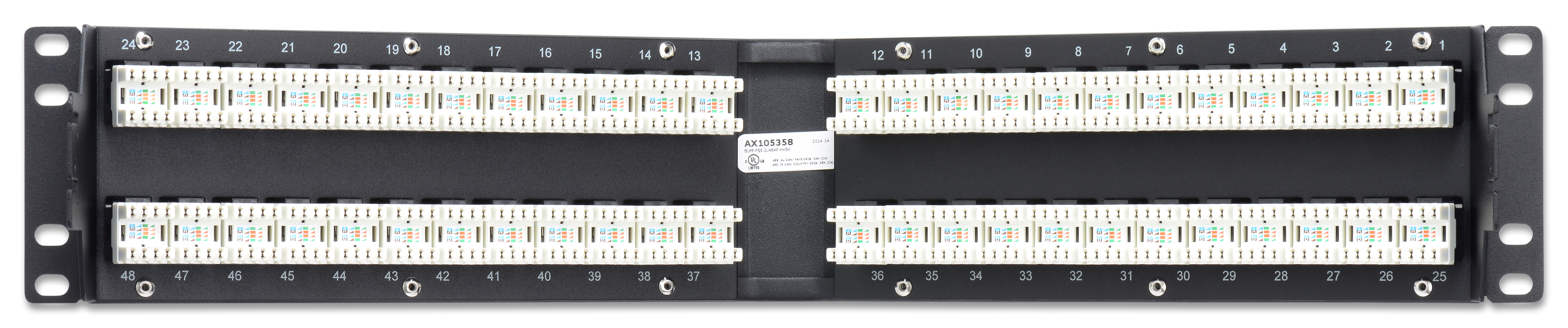Patch Panel, Steel, 2U, 48 Ports, Angled, Black