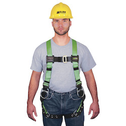 Harness with back & side D-rings, tool belt loops, mating buckle chest strap, and tongue buckle leg straps - universal