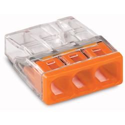 COMPACT PUSH WIRE Connector For Junction Boxes; 3-conductor Terminal Block; Transparent Housing; Orange Cover