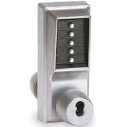 Mechanical Pushbutton Lock, Heavy Duty, LFIC Schlage, 1/2&quot; Cylindrical Throw Latch, Combination Entry/Key Override, Satin Chrome, With Knob