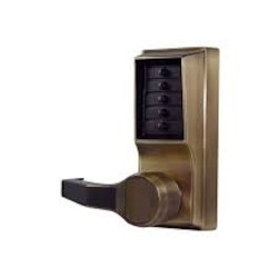 Mechanical Pushbutton Lock, Heavy Duty, Left Hand, 1/2" Cylindrical Throw Latch, Combination Entry, Antique Brass, With Lever