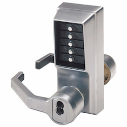 Mechanical Pushbutton Lock, Heavy Duty, Left Hand, SFIC Best Equivalent 6 or 7-Pin, 1/2" Cylindrical Throw Latch, Combination Entry/Key Override/Passage, Satin Chrome, With Lever