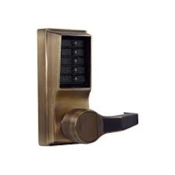 Mechanical Pushbutton Lock, Heavy Duty, Right Hand, 1/2&quot; Cylindrical Throw Latch, Combination Entry, Antique Brass, With Lever
