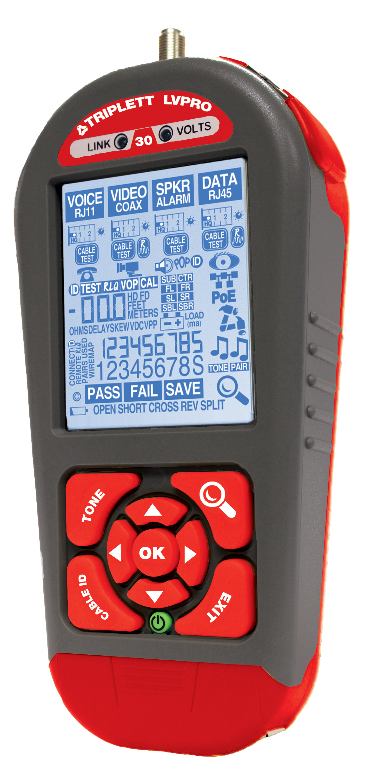 LVPRO30 cable tester has 13 test apps including wiremap, timing tests ...